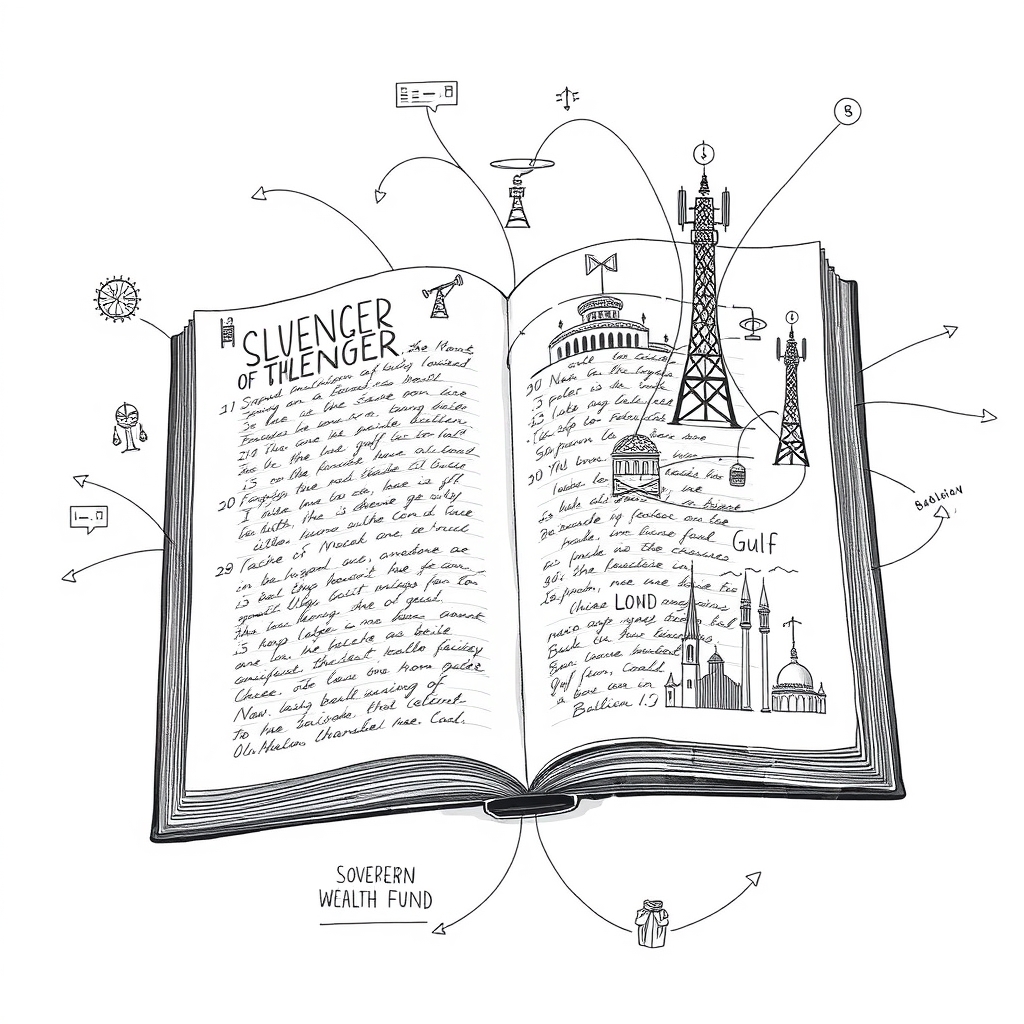 Ledger entries bleeding into blueprints, sovereign wealth logos, and transmission towers forming an interconnected network