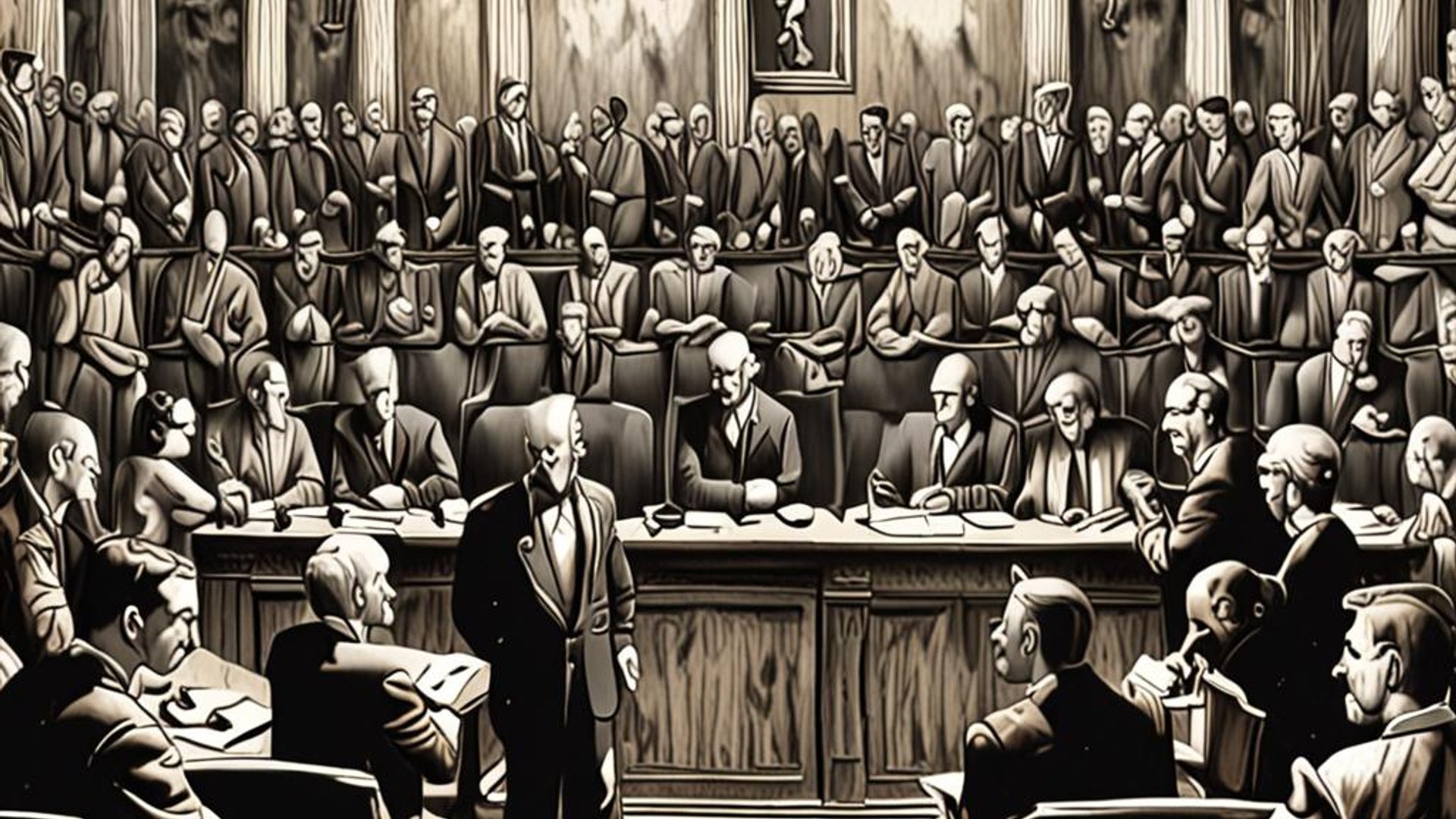 Silhouette of Supreme Court building with corporate logos replacing classical columns against a darkening sky