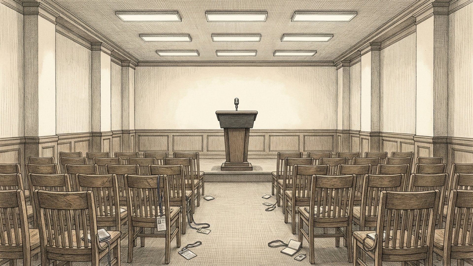 A White House press briefing room with empty chairs and a podium under stark institutional lighting, the tension between spectacle and silence visible in the vacant seats