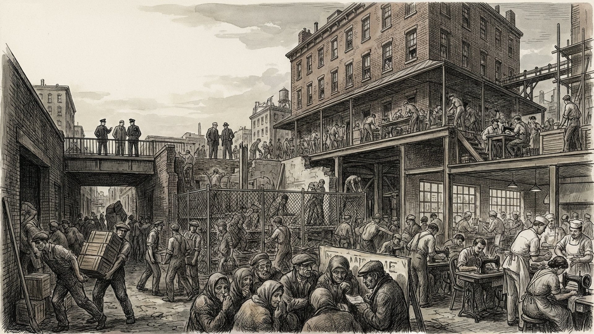 Silhouettes of workers in fields and construction sites, representing the shadow labor force that sustains America's economy while remaining invisible and excluded from legal protections