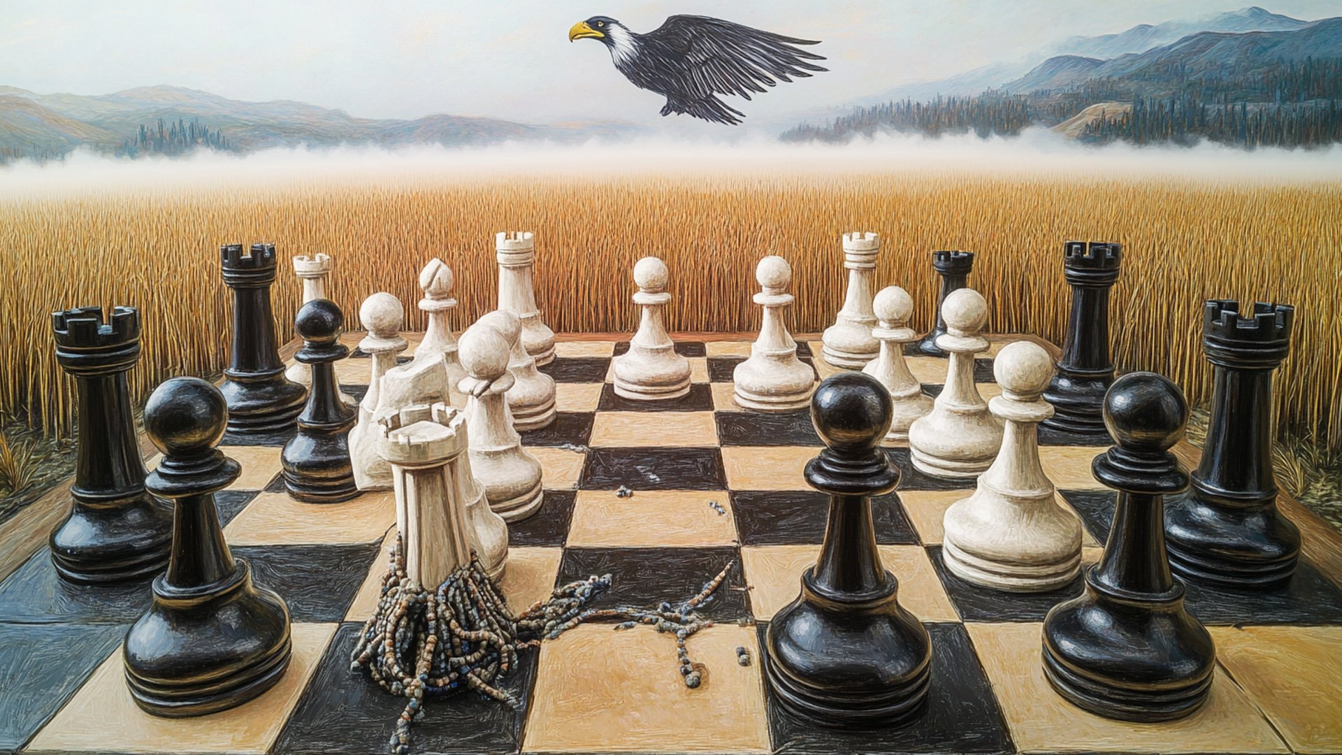 Fractured chessboard with overlapping game pieces, energy pipelines, microchips, and diplomatic cables across Eastern European terrain