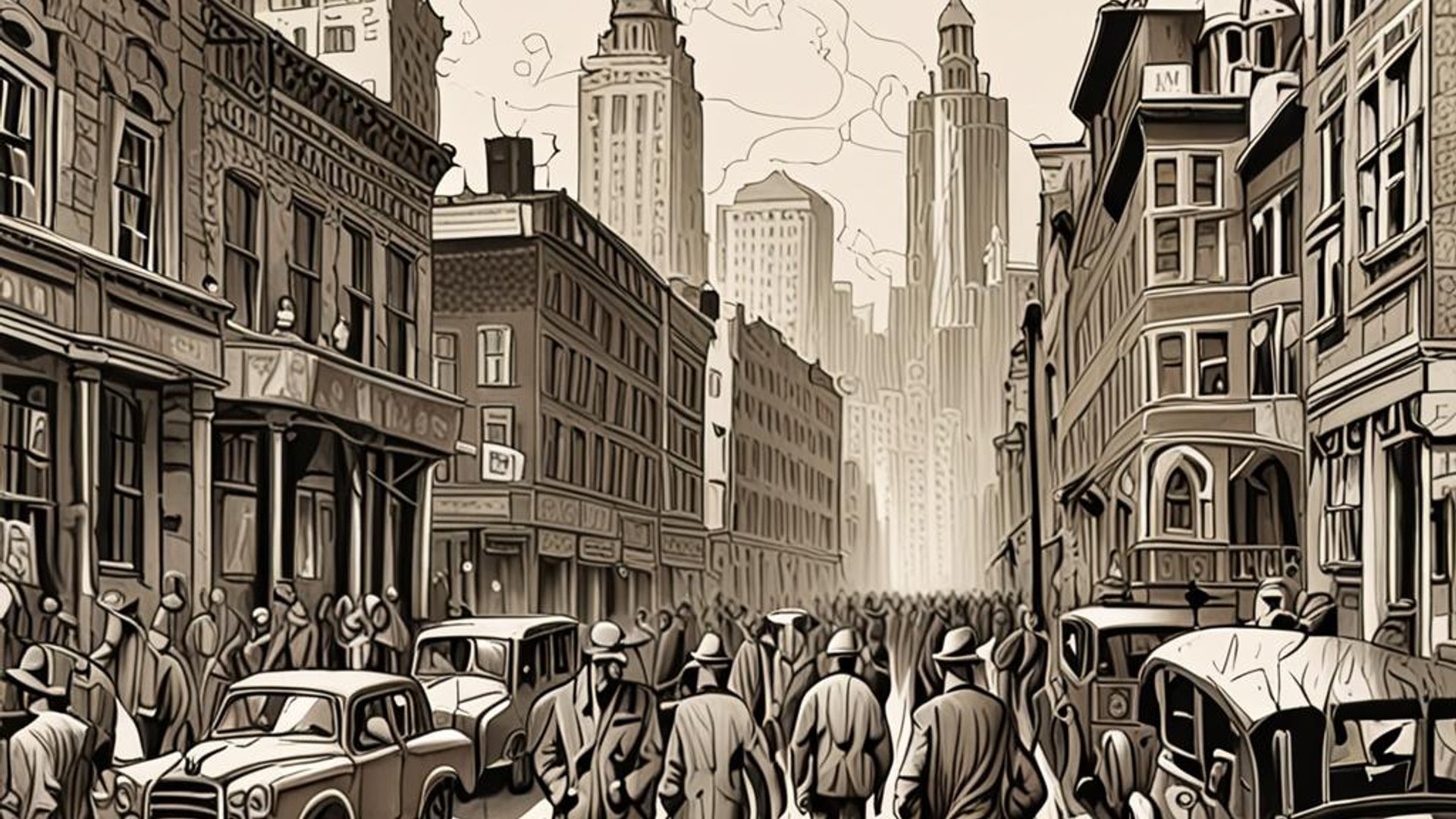 Spanish colonial plaza with covered arcades and people seeking shade, modern city skyline in background